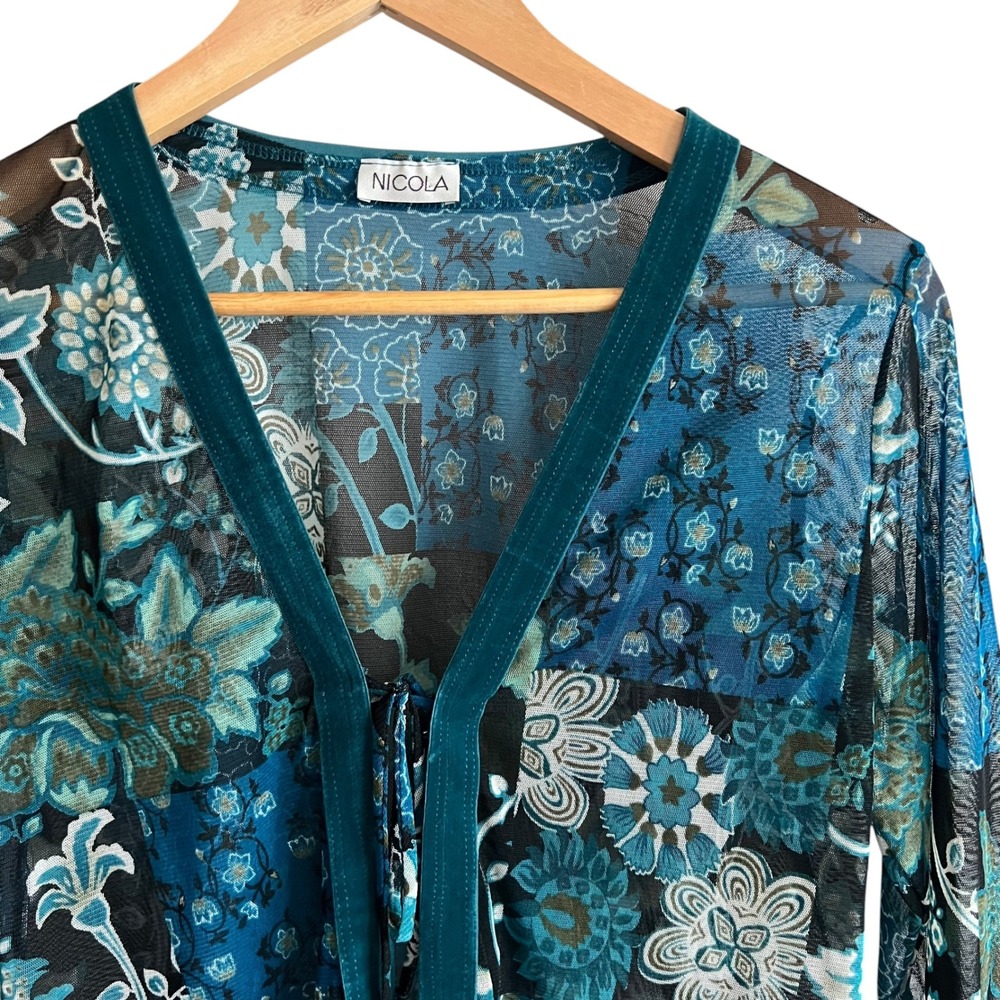 Nicola VTG Y2K Mesh Front Tie Velvet Trim Floral Long Sleeve Top M Fairy Grunge - Picture 3 of 12